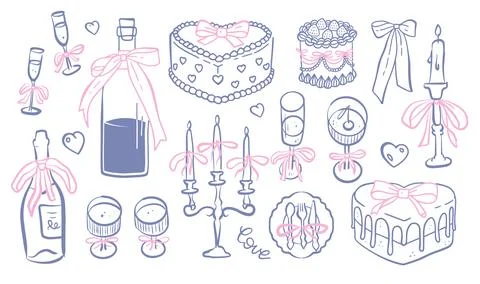 A set of dolche vita doodle illustrations. Hand drawn birthday, romantic dinner Stock Illustration