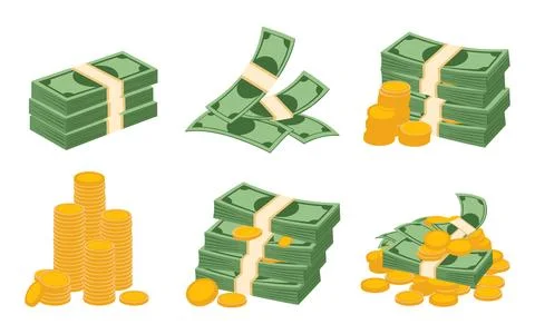 Set of Dollar Banknotes and Gold Coins Vector Illustration. Stock Illustration