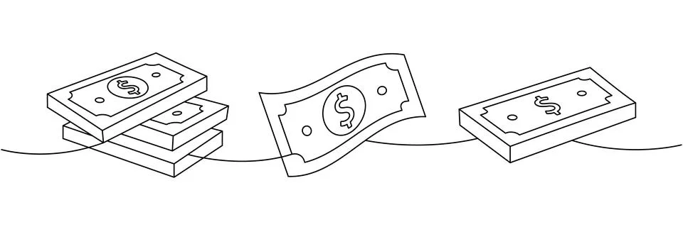 Set of dollar bills stacks one line continuous drawing. Money investment and Stock Illustration
