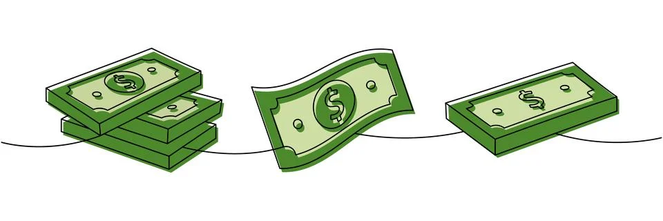 Set of dollar bills stacks one line colored continuous drawing. Money investment Stock Illustration