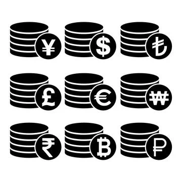 Set of Dollar euro rouble won yuan pound stack coin, flat icon money design Stock Illustration