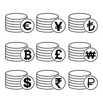 Set of Dollar euro rouble won yuan pound stack coin, flat icon money design Stock Illustration