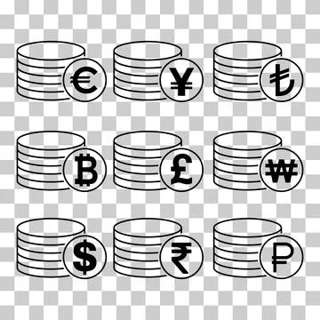 Set of Dollar euro rouble won yuan pound stack coin, flat icon money design 库存插图