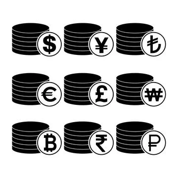 Set of Dollar euro rouble won yuan pound stack coin, flat icon money design Stock Illustration