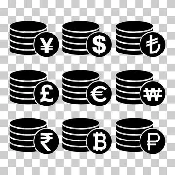 Set of Dollar euro rouble won yuan pound stack coin, flat icon money design Stock Illustration