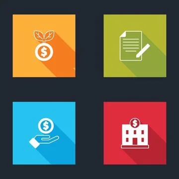 Set Dollar plant, Document and pen, Hand giving money and Bank building icon Ilustración de archivo