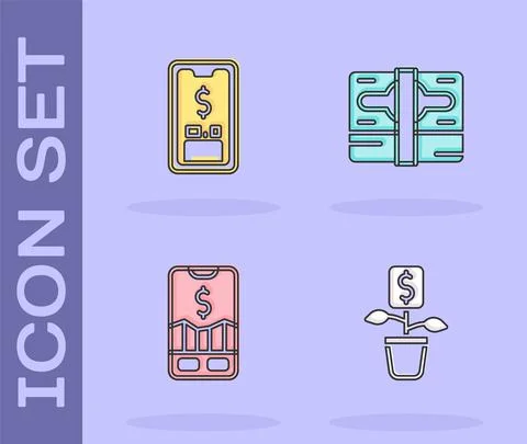 Set Dollar plant, Mobile with dollar, stock trading and Stacks paper money cash Stock Illustration