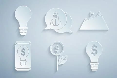 Set Dollar plant, Mountains with flag, Light bulb dollar on mobile, Startup.. Stock Illustration