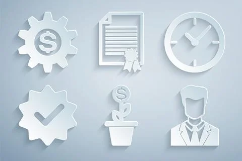 Set Dollar plant in the pot, Clock, Approved and check mark, User of man Stock Illustration