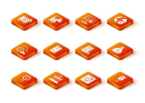 Set Dollar rate decrease, Bank building, Mobile stock trading, Pie chart Stock Illustration