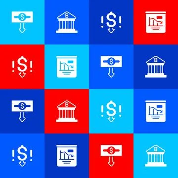 Set Dollar rate decrease, Bank building,  and Pie chart infographic icon. Vec Stock Illustration