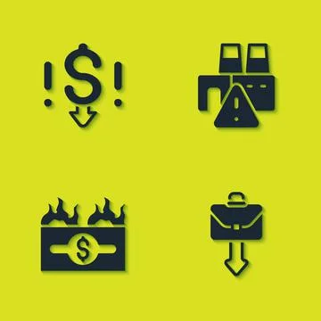 Set Dollar rate decrease, Briefcase, Burning dollar bill and Shutdown of factory Stock Illustration