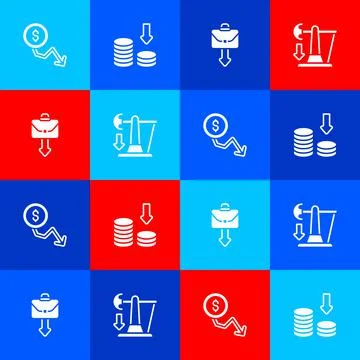 Set Dollar rate decrease, , Briefcase and Drop in crude oil price icon. Vector Illustrazione stock