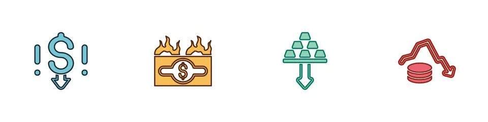 Set Dollar rate decrease, Burning dollar bill, Gold bars and icon. Vector Illustrazione stock