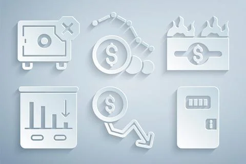 Set Dollar rate decrease, Burning dollar bill, Pie chart infographic, Prison Illustrazione stock