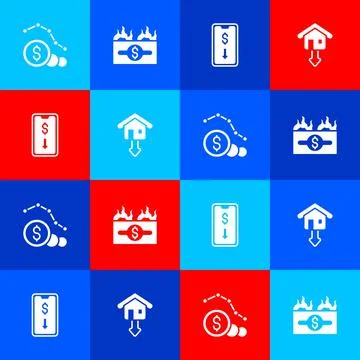 Set Dollar rate decrease, Burning dollar bill, Mobile stock trading and Falling 库存插图