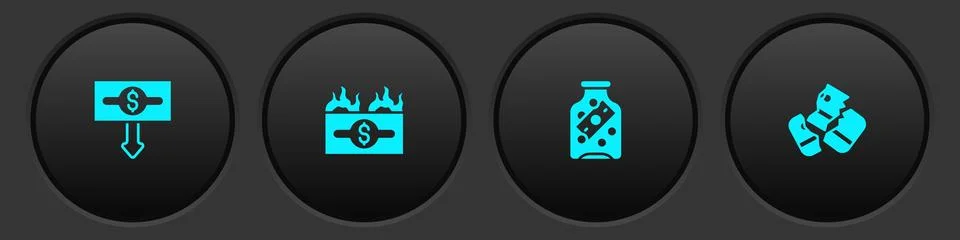 Set Dollar rate decrease, Burning dollar bill, Glass money jar with coin and Stock Illustration