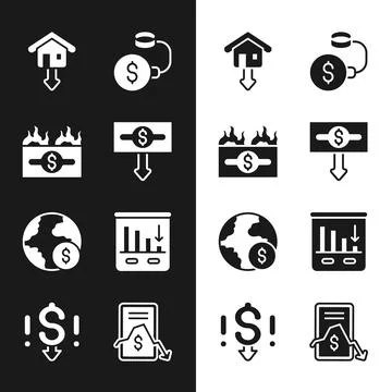 Set Dollar rate decrease, Burning dollar bill, Falling property prices, Debt Stock Illustration