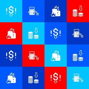 Set Dollar rate decrease, Calculation of expenses, Fire in burning house and  Stock Illustration