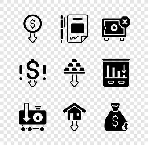 Set Dollar rate decrease, Contract money and pen, Safe, Drop in crude oil price Stock Illustration