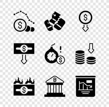 Set Dollar rate decrease, Credit card, Burning dollar bill, Bank building, Pie Stock Illustration