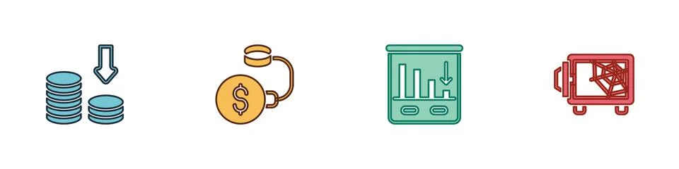 Set Dollar rate decrease, Debt ball chained to coin, Pie chart infographic and Stock Illustration