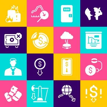 Set Dollar rate decrease, Debt ball chained to coin, Pie chart infographic, P Stock Illustration