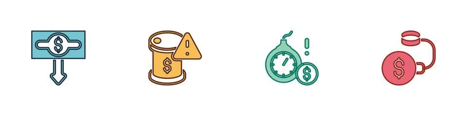 Set Dollar rate decrease, Drop in crude oil price, Money bomb dollar crisis and Illustrazione stock