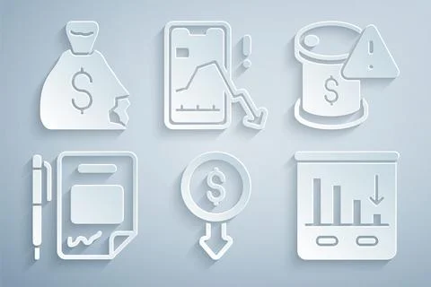 Set Dollar rate decrease, Drop in crude oil price, Contract money and pen, Pie 库存插图