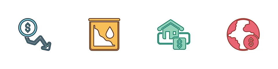 Set Dollar rate decrease, Drop in crude oil price, Hanging sign with Sale and Stock Illustration