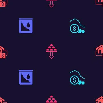 Set Dollar rate decrease, Drop in crude oil price, Gold bars and Hanging si.. Stock Illustration