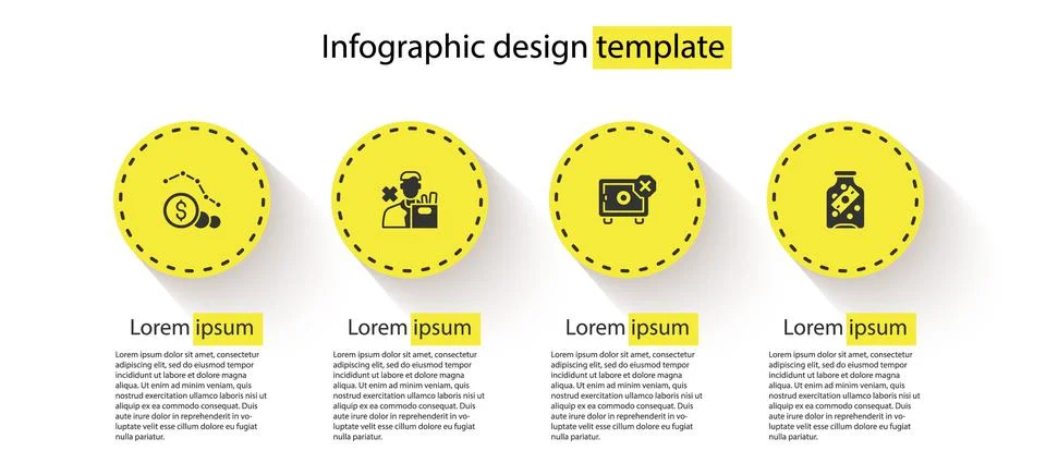 Set Dollar rate decrease, Employee dismissal, Safe and Glass money jar with coin Stock Illustration