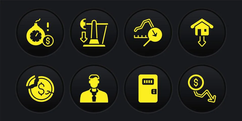 Set Dollar rate decrease, Falling property prices, Worker, Prison cell door Stock Illustration