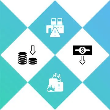 Set Dollar rate decrease, Fire in burning house, Shutdown of factory and icon Stock Illustration