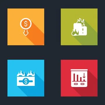 Set Dollar rate decrease, Fire in burning house, Burning dollar bill and Pie Stock Illustration