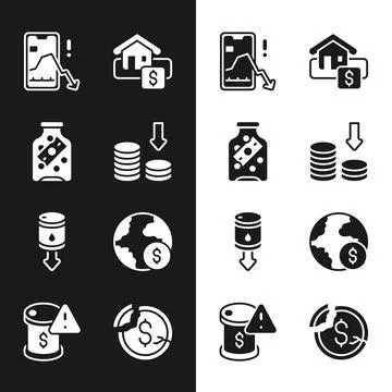 Set Dollar rate decrease, Glass money jar with coin, Mobile stock trading 库存插图