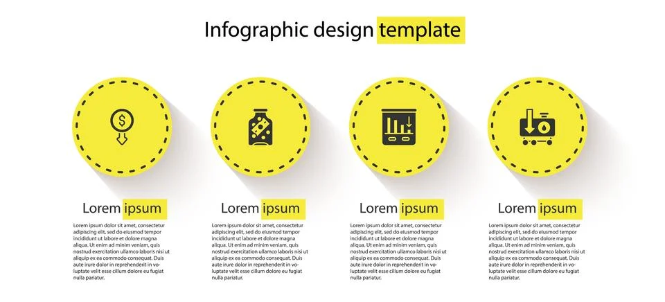 Set Dollar rate decrease, Glass money jar with coin, Pie chart infographic and 库存插图