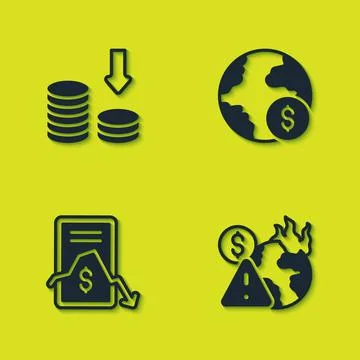 Set Dollar rate decrease, Global economic crisis, Mobile stock trading and icon 库存插图