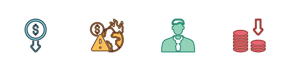 Set Dollar rate decrease, Global economic crisis, Worker and icon. Vector 库存插图