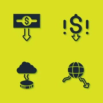 Set Dollar rate decrease, Global economic crisis, Storm and icon. Vector Illustrazione stock