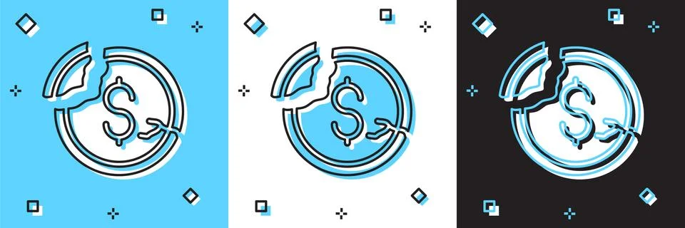Set Dollar rate decrease icon isolated on blue and white, black background. Cost Stock Illustration