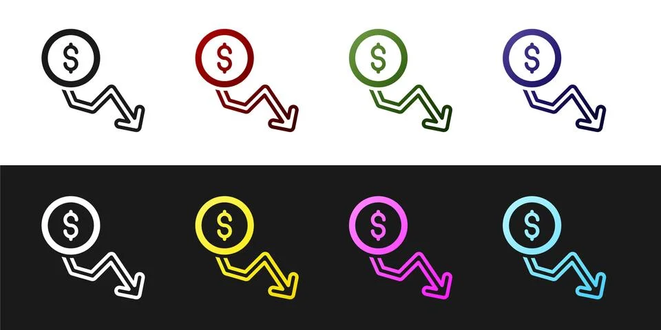 Set Dollar rate decrease icon isolated on black and white background. Cost Illustrazione stock