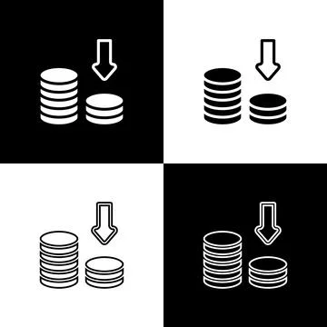 Set Dollar rate decrease icon isolated on black and white background. Cost 库存插图