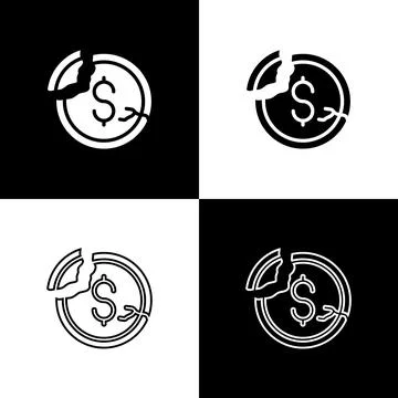 Set Dollar rate decrease icon isolated on black and white background. Cost Stock Illustration