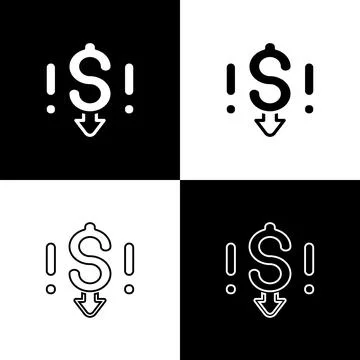 Set Dollar rate decrease icon isolated on black and white background. Cost Illustrazione stock