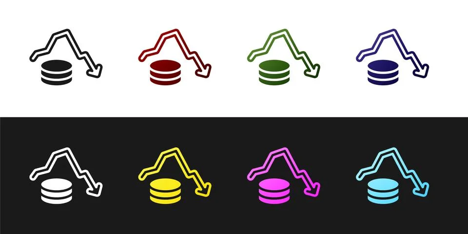 Set Dollar rate decrease icon isolated on black and white background. Cost Stock Illustration