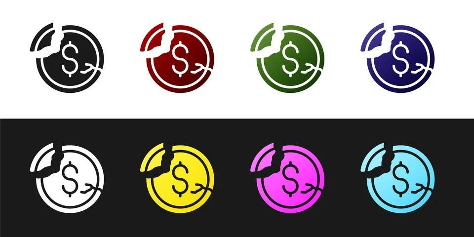 Set Dollar rate decrease icon isolated on black and white background. Cost Illustrazione stock