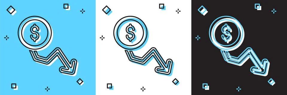 Set Dollar rate decrease icon isolated on blue and white, black background. Cost Stock Illustration