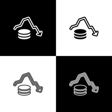 Set Dollar rate decrease icon isolated on black and white background. Cost Illustrazione stock