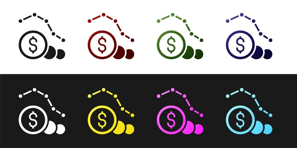 Set Dollar rate decrease icon isolated on black and white background. Cost 库存插图
